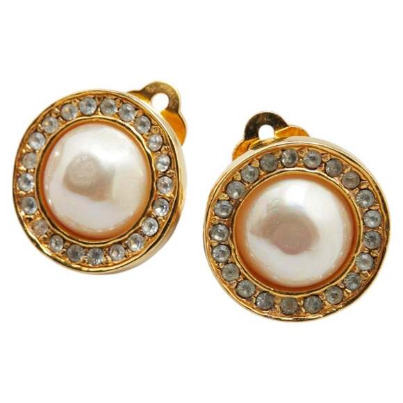 CHANEL Rhinestone Earrings Gold Plated Faux Pearl Women's